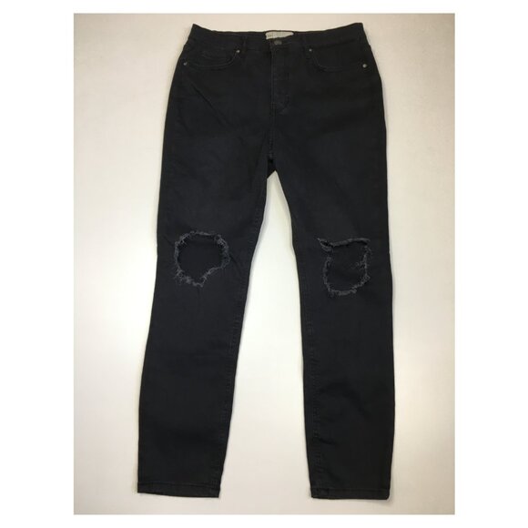 FREE PEOPLE Black Distressed Ripped Knee 5 Pocket Logo Hardware Jeans - Picture 1 of 10